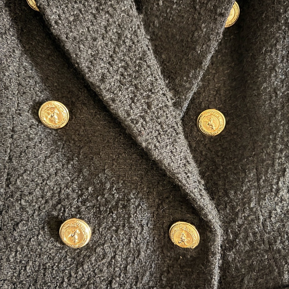 Zara Black Tweed Double Breasted Blazer Gold Button Jacket Classic Chic - Picture 2 of 6